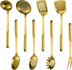 304 Stainless Steel Cooking Utensils Set, 8PCS Kitchen Utensils Set, Include Skimmer, Soup Ladle, Spaghetti Server, Wok Spatula, Slotted Spoon, Solid Spoon, Slotted Spatula Turner & Meat Fork, Gold