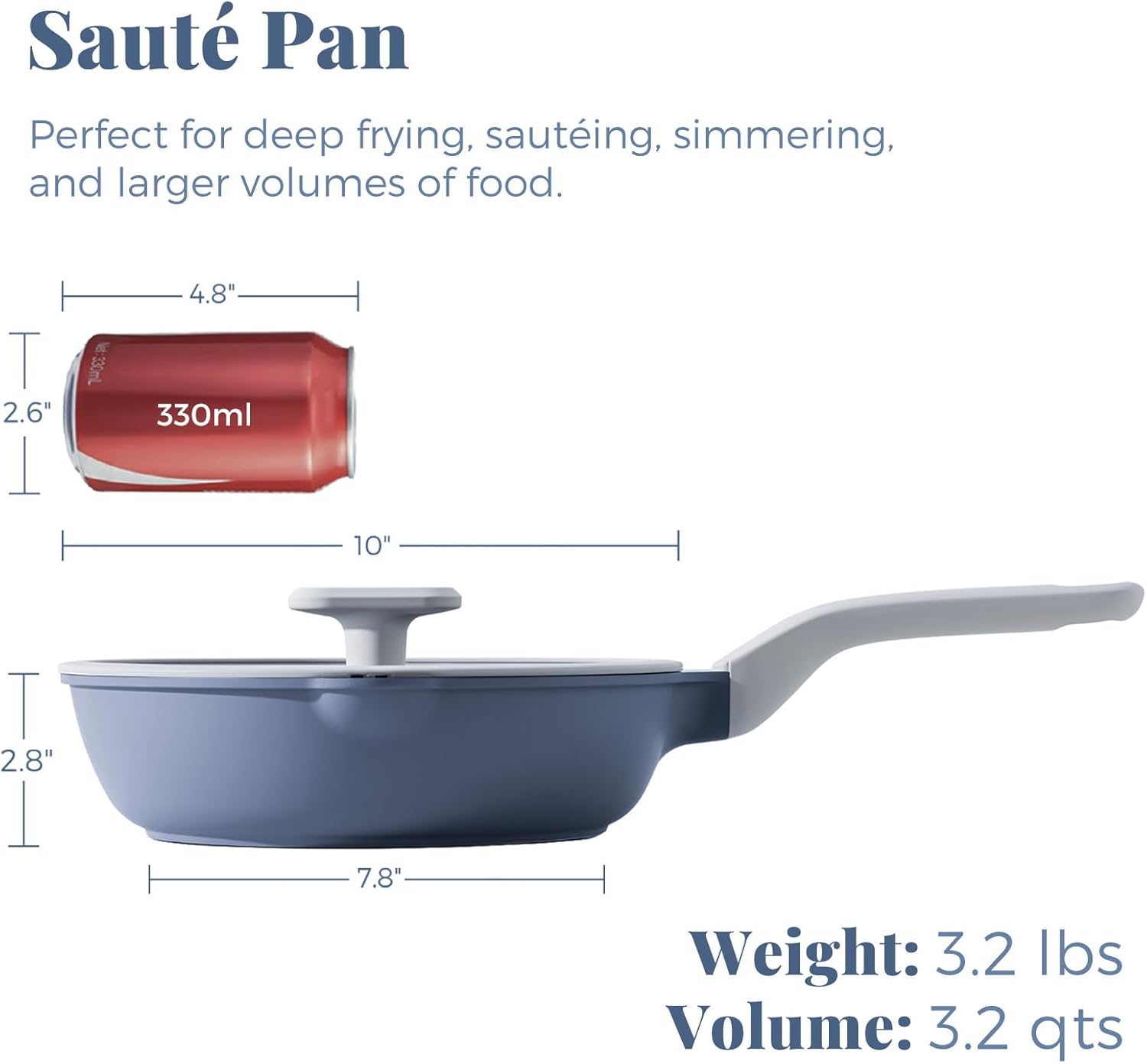 Ceramic Nonstick Deep Saute Pan with Lid, 10 Inch/3.2 QT Non Toxic Pans with Double Pour Spout, Helper Handle and Lid, Metal Utennsil Safe, Dishwasher Safe, (Gray)
