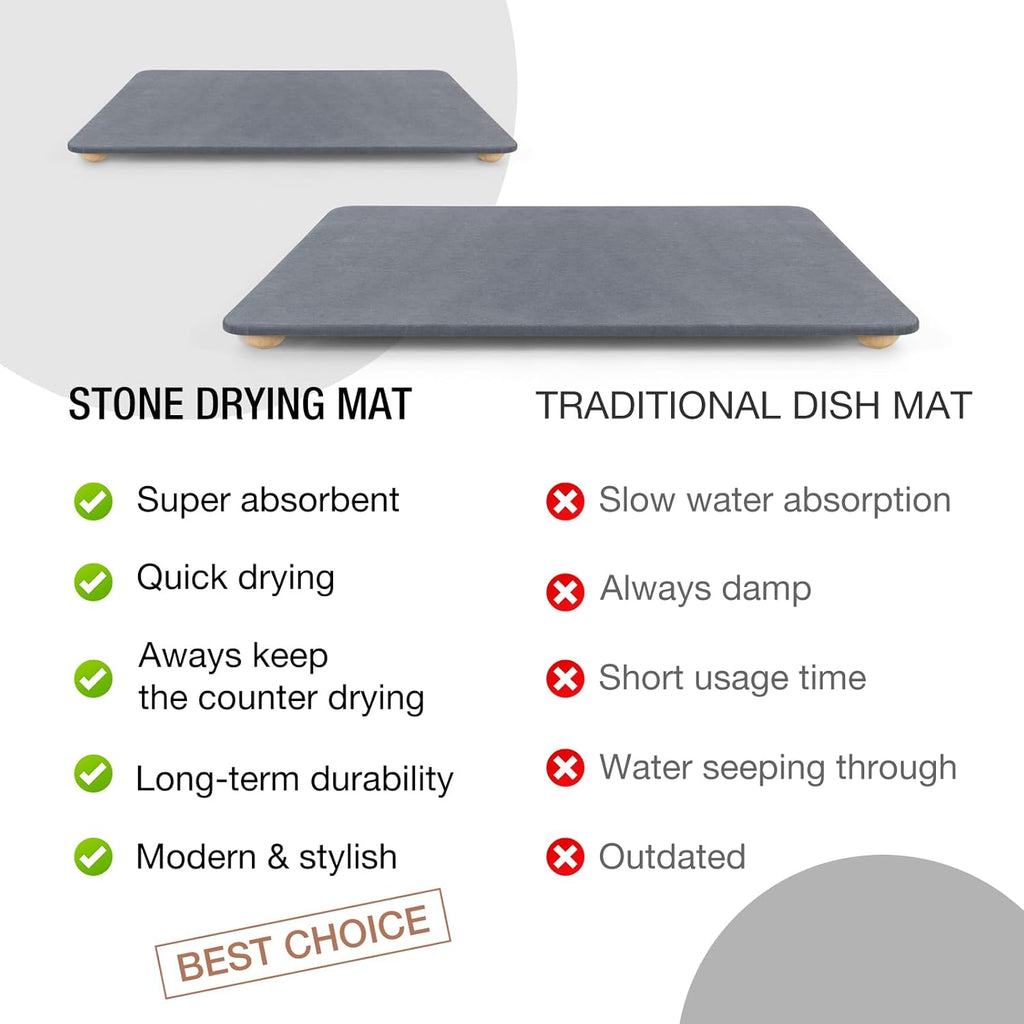 Stone Dish Drying Mat for Kitchen Counter, 16"×12" Quick Dry Super Absorbent Eco-Friendly Diatomaceous Earth Stone Mat with hemisphere wooden feet, Non-slip, Heat Resistant, Multi-purpose mats.