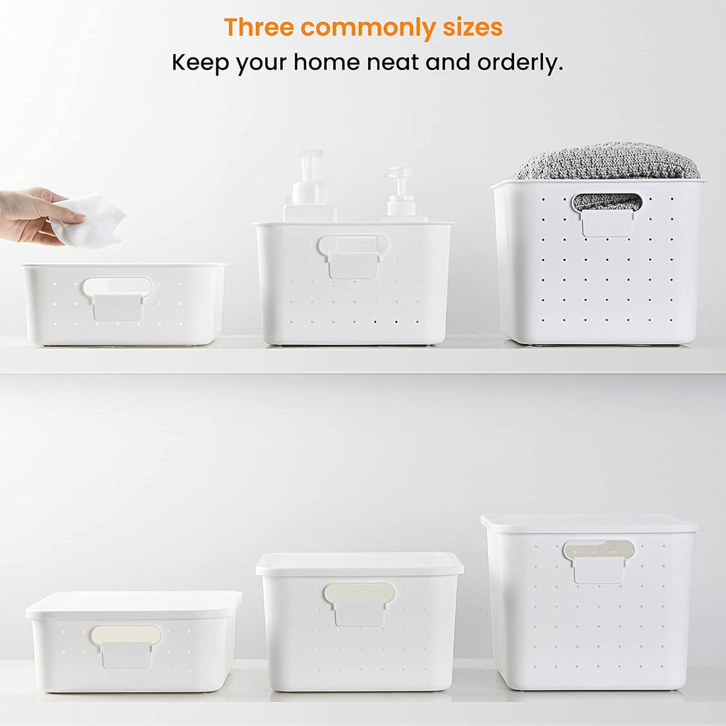 vacane Large White Storage Baskets with Snap Lid, Extremely Durable, Storage Baskets for Organizing Stackable Storage Box with Handle for Playroom Classroom Closet Office, 14 x 10 x 8 inch