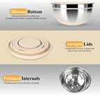 Mixing Bowls with Airtight Lids Set, 20 PCS Kitchen Gadgets Set, 6 Stainless Steel Bowls,3 Grater Attachments,Non-Slip Silicone Bottoms,Great for Serving&Baking,Size 5, 4, 3.5, 2.1, 1.5, 1.1QT (Khaki)