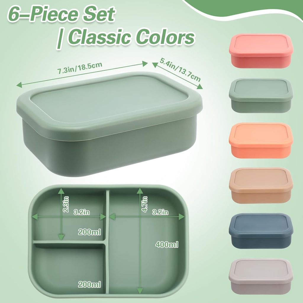 Honeydak 6 Pcs Silicone Bento Box 3 Compartment Reusable Lunch Container Smooth and Leakproof Meal Prep Lunch Box with Lid Stackable Meal Prep Container for Work Travel, 6 Colors (Classic Colors)