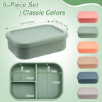 Honeydak 6 Pcs Silicone Bento Box 3 Compartment Reusable Lunch Container Smooth and Leakproof Meal Prep Lunch Box with Lid Stackable Meal Prep Container for Work Travel, 6 Colors (Classic Colors)