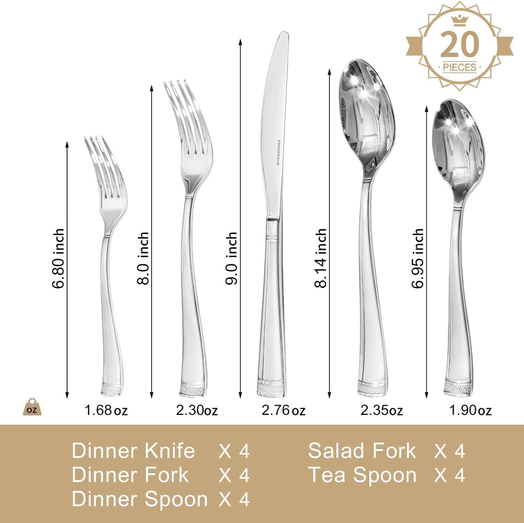 KINGSTONE Silverware Set, 20-Piece Flatware Set for 4, 18/10 Stainless Steel Cutlery Set with Bead Edge, Utensil for Kitchen, Home, Party, Wedding, Mirror Polished, Dishwasher Safe, Featured Gifts