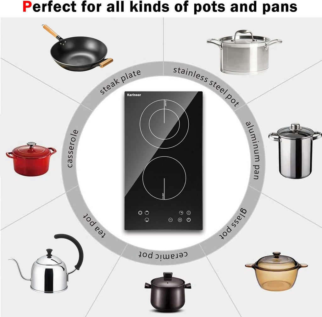 Karinear 2 Burner Electric Cooktop 12 Inch, Drop-in Electric Radiant Cooktop 220v - 240v with Child Safety Lock, Timer, Residual Heat Indicator, 3200W, Hard Wired, No Plug Electric Stove Top