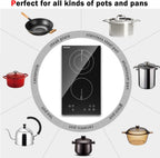Karinear 2 Burner Electric Cooktop 12 Inch, Drop-in Electric Radiant Cooktop 220v - 240v with Child Safety Lock, Timer, Residual Heat Indicator, 3200W, Hard Wired, No Plug Electric Stove Top