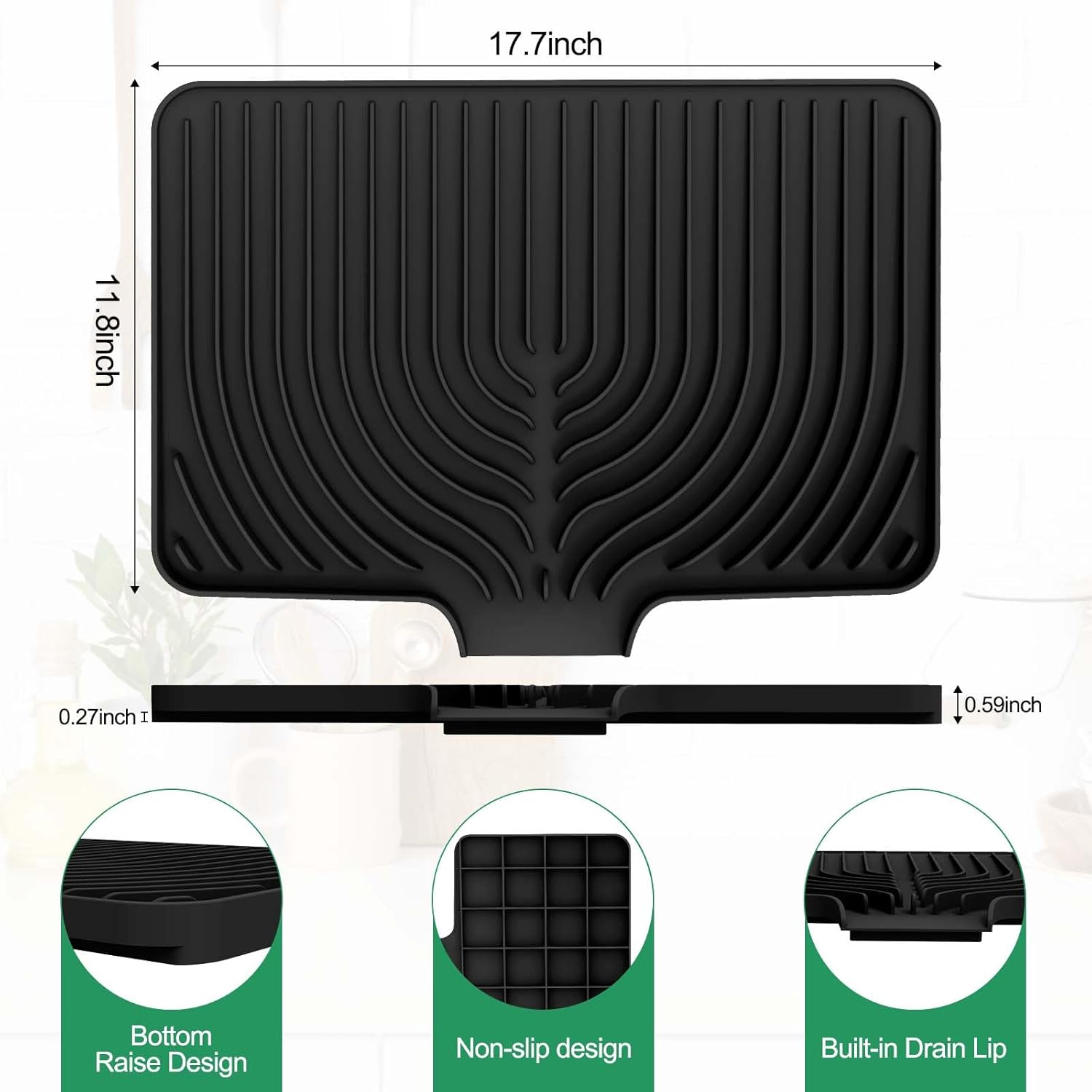 GUUKIN Dish Drying Mat, 17.7" x 11.8 " Drying Matt Kitchen Counter,Non-Slip Drying Pad, Easy Clean Pad for Countertop Protection, Multi-Functional Use (Black)