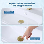Hibbent Upgraded 3 in 1 Bathroom Sink Drain Strainer, Pop Up Sink Stopper with Big Push Cap, Anti-Clogging Metal Filter Basket,Sink Plug with Hair Catcher for 1.1''~2.36'' Basin, Brushed Gold
