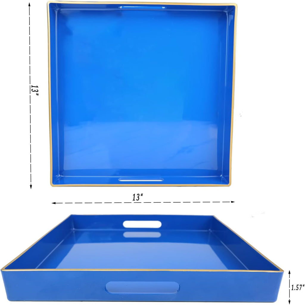 Spsyrine Blue Decorative Tray for Living Room, Square Modern Plastic Coffee Serving Table Tray for Ottoman Bathroom Kitchen,13"*13"