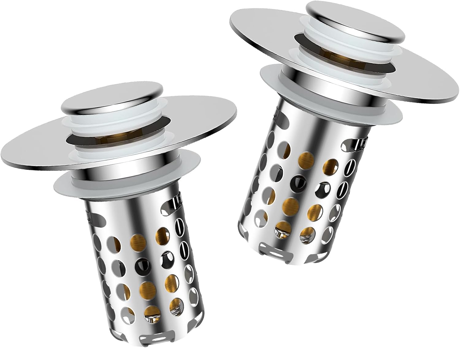 Upgraded 2pcs Bathroom Sink Stopper Drain Strainer for 1.1-1.45 Inch,Universal Pop Up Stopper with Removable Stainless Steel Filter Basket Hair Catcher,Brass Bounce Core for US Universal