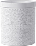 FUN ELEMENTS Kitchen Utensil Holder, 7.2" Super Large Utensil Crock Heavy and Stable Lace Emboss Ceramic Utensil Holder for Kitchen Counter (Bright White)