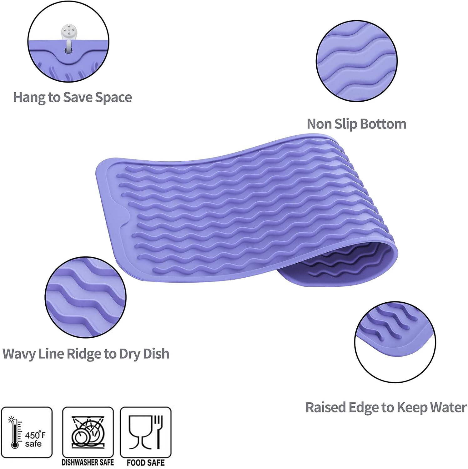 Silicone Dish Drying Mat for Multiple Usage,Easy clean,Eco-friendly,Heat-resistant Silicone Mat for Kitchen Counter,Sink,Bar,Bottle,or Cup Light Purple M 17 inches x 6 inches