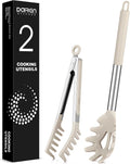 Spaghetti Spoon and Pasta Tong, Non-stick Silicone Spoon Server Fork with teeth and Stainless Steel Handle Spaghetti Tong, Food Clip for Spaghetti Noodle (KHAKI)