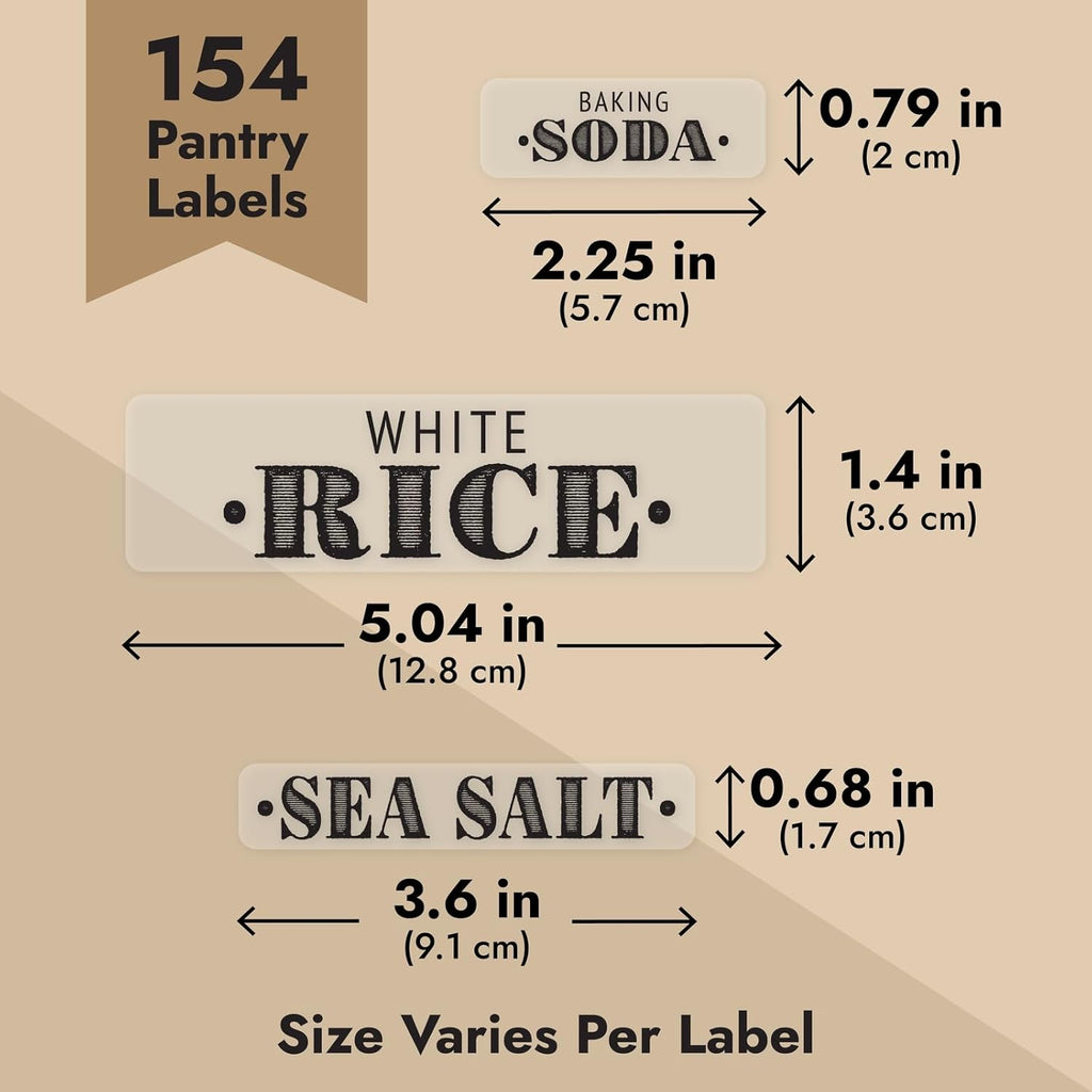 Talented Kitchen 154 Pantry Labels for Food Containers - Assorted Sizes & Black Bold Text on Clear Waterproof Vinyl - Preprinted Vintage Kitchen Labels & Farmhouse Style Pantry Organization