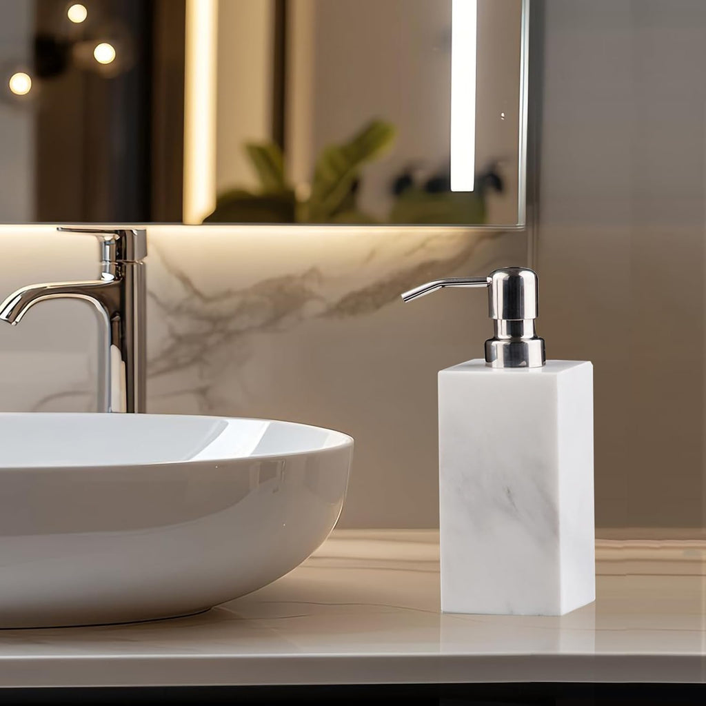 Hand Liquid&Lotion Soap Dispenser Pump Bottle Natural Marble for Kitchen Bathroom Countertop Laundry Room Holds Dish Soap Shampoo Laundry Liquid Shower Gel (Sir White)