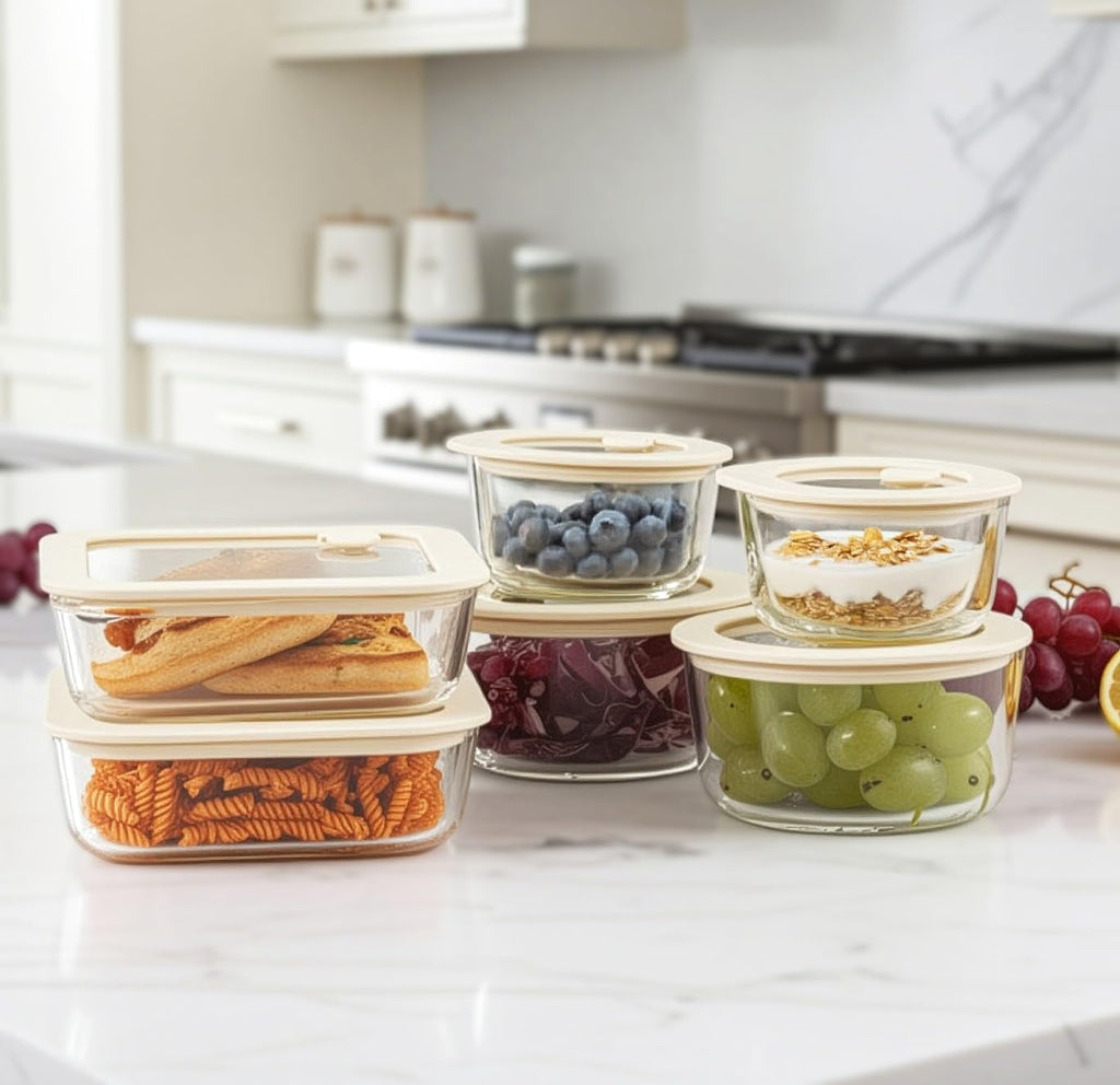 Urban Green Glass Food Container Set with Glass Lid, 4 Pack, Meal Prep Containers with Silicone Framed Airtight Lid, Leakproof, 100% Plastic Free,