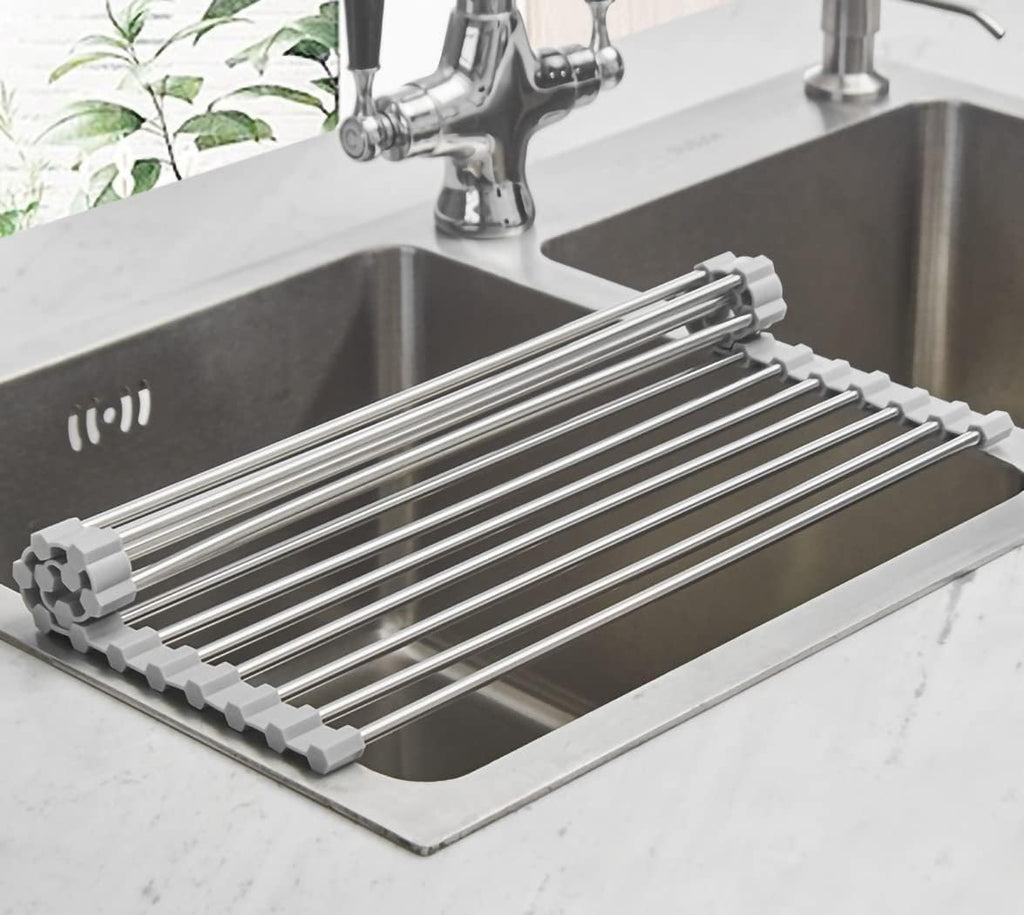 Ahyuan Roll up Dish Drying Rack Over The Sink Kitchen Roll up Sink Drying Rack Portable Dish Drainer Foldable Dish Drying Rack (Warm Gray, 17.8''X11.8'')