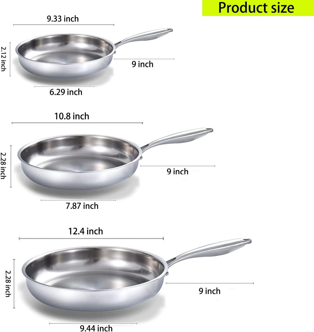 DELARLO Whole Body Tri-Ply Stainless Steel Frying Pan set, 8”/10”/12” Cooking pans, Kitchen Cookware Set, Fast Heating Chef's pan with Ergonomic Handles, Suitable for All Stove