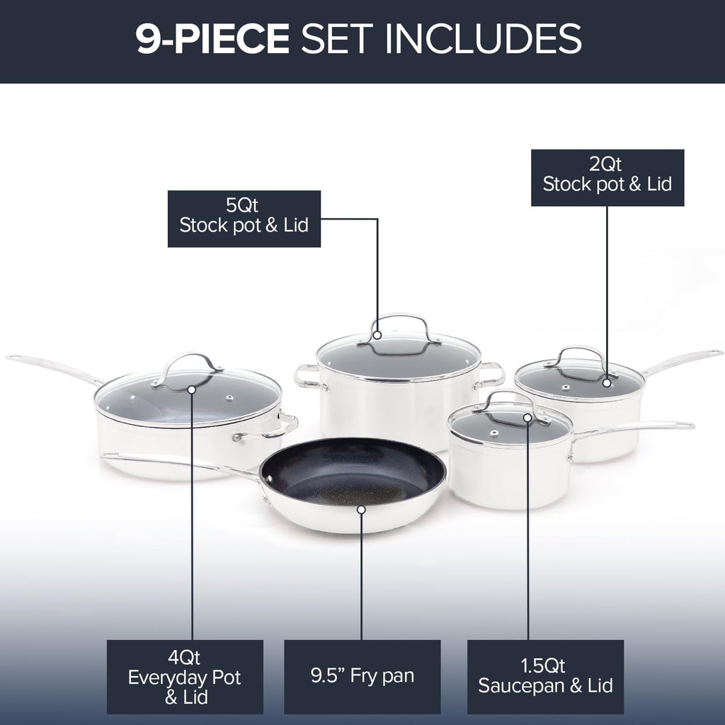 Nuwave Healthy Duralon Blue Ceramic Nonstick Coated 9pc Cookware Set, Scratch-Resistant Diamond Infused, PFAS Free, Induction Ready & Evenly Heats, Oven Safe, Tempered Glass Lids