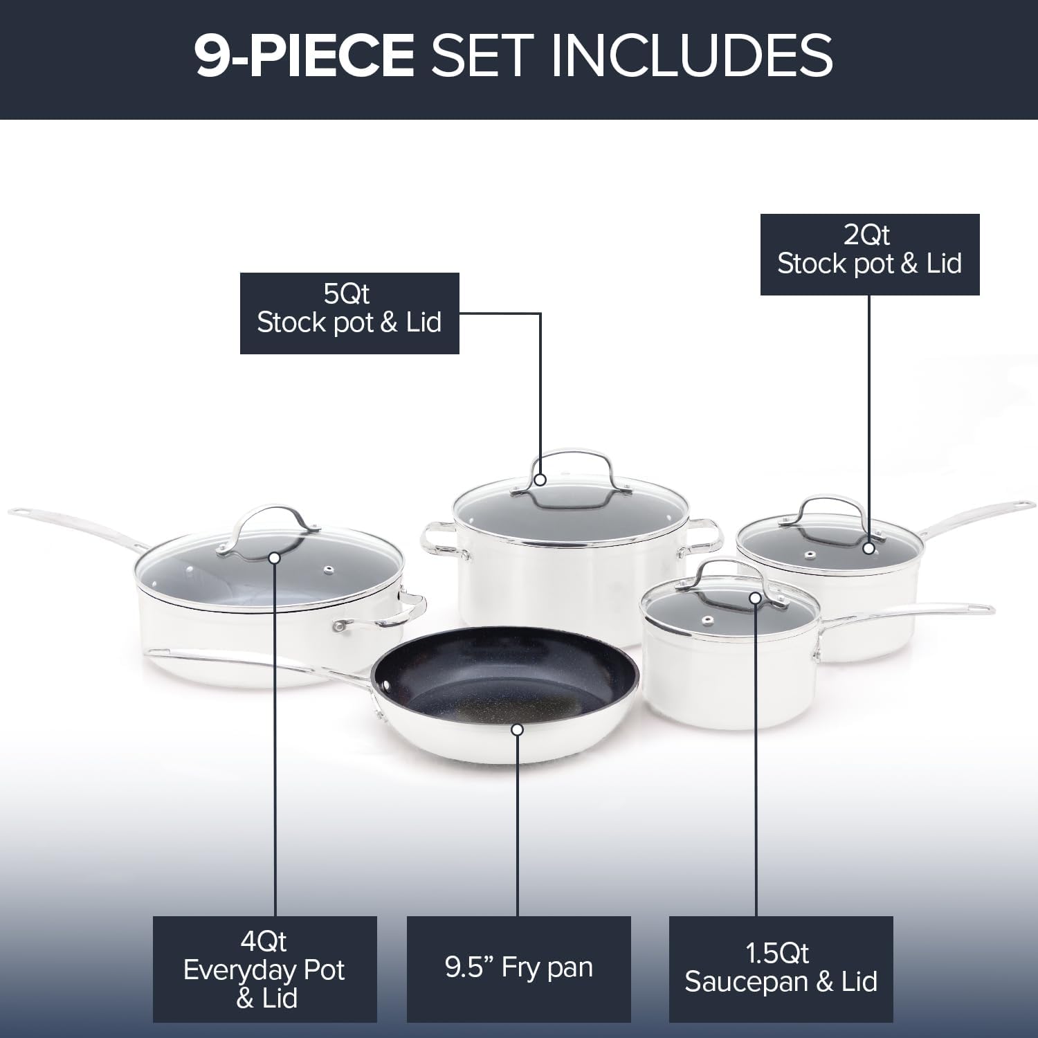 Nuwave Healthy Duralon Blue Ceramic Nonstick Coated 9pc Cookware Set, Scratch-Resistant Diamond Infused, PFAS Free, Induction Ready & Evenly Heats, Oven Safe, Tempered Glass Lids