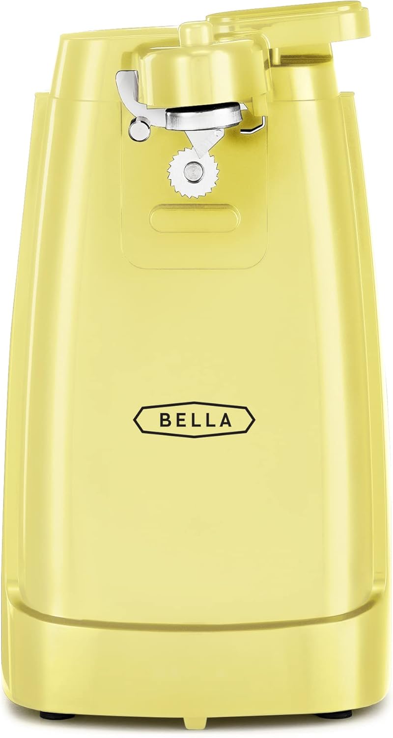 BELLA Electric Can Opener and Knife Sharpener, Multifunctional Jar and Bottle Opener with Removable Cutting Lever and Cord Storage, Stainless Steel Blade, Yellow