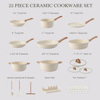 22 Pcs Pots and Pans Set Non Stick Non-Toxic Ceramic Kitchen Cookware Sets Nonstick Pot&Pan With Lid Cream White Granite Induction Compatible with Glass Lids Crepe
