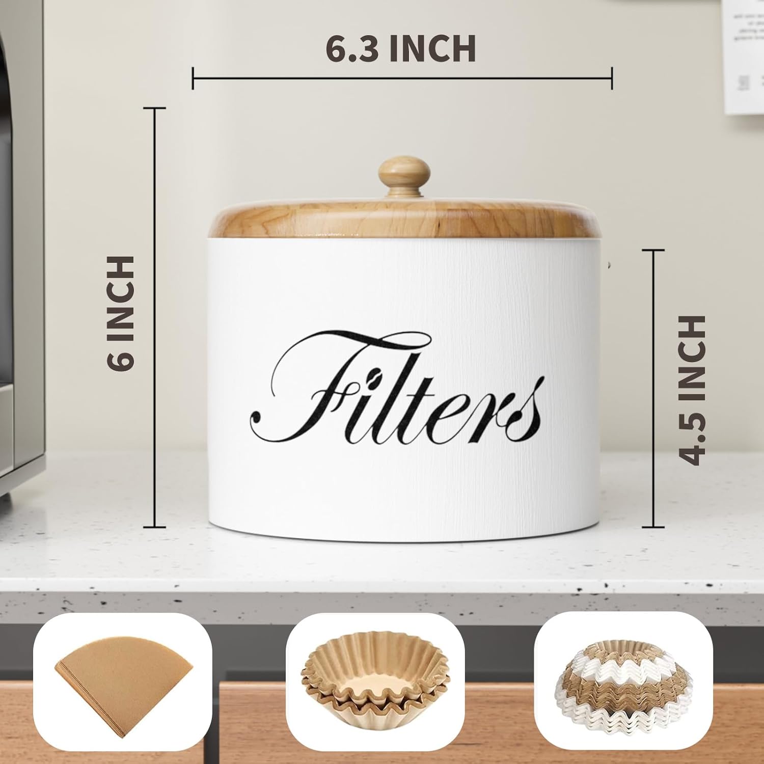 Coffee Filter Holder, Wooden Coffee Filter Storage with Lid, Round Coffee Filter Container for Counter, Rustic Farmhouse Coffee Bar Accessories Decor (White)