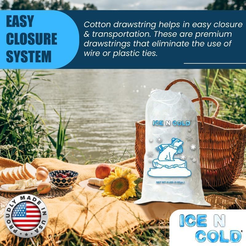 Ice Bags with Drawstring Closure | 8lb, 400ct/cs | 37 mic Thickness | Portable Storage and Freezer Keeper