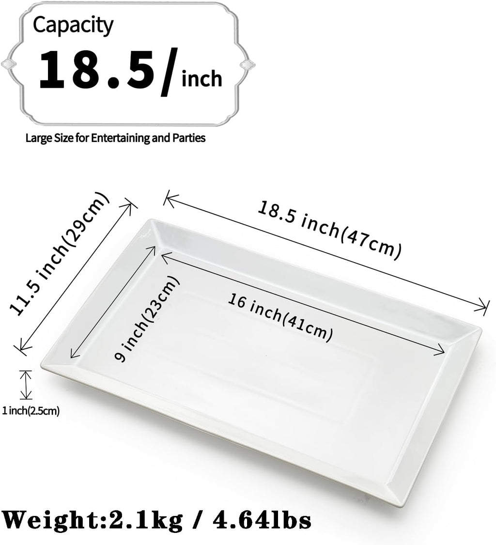 MIECOO Large Serving Platter, 18.5" x 11.5" White Serving Tray, Rectangular Porcelain Plate for Party, Wedding, Birthday, Entertaining, Food, Appetizer, Fruit, Sushi, Dessert