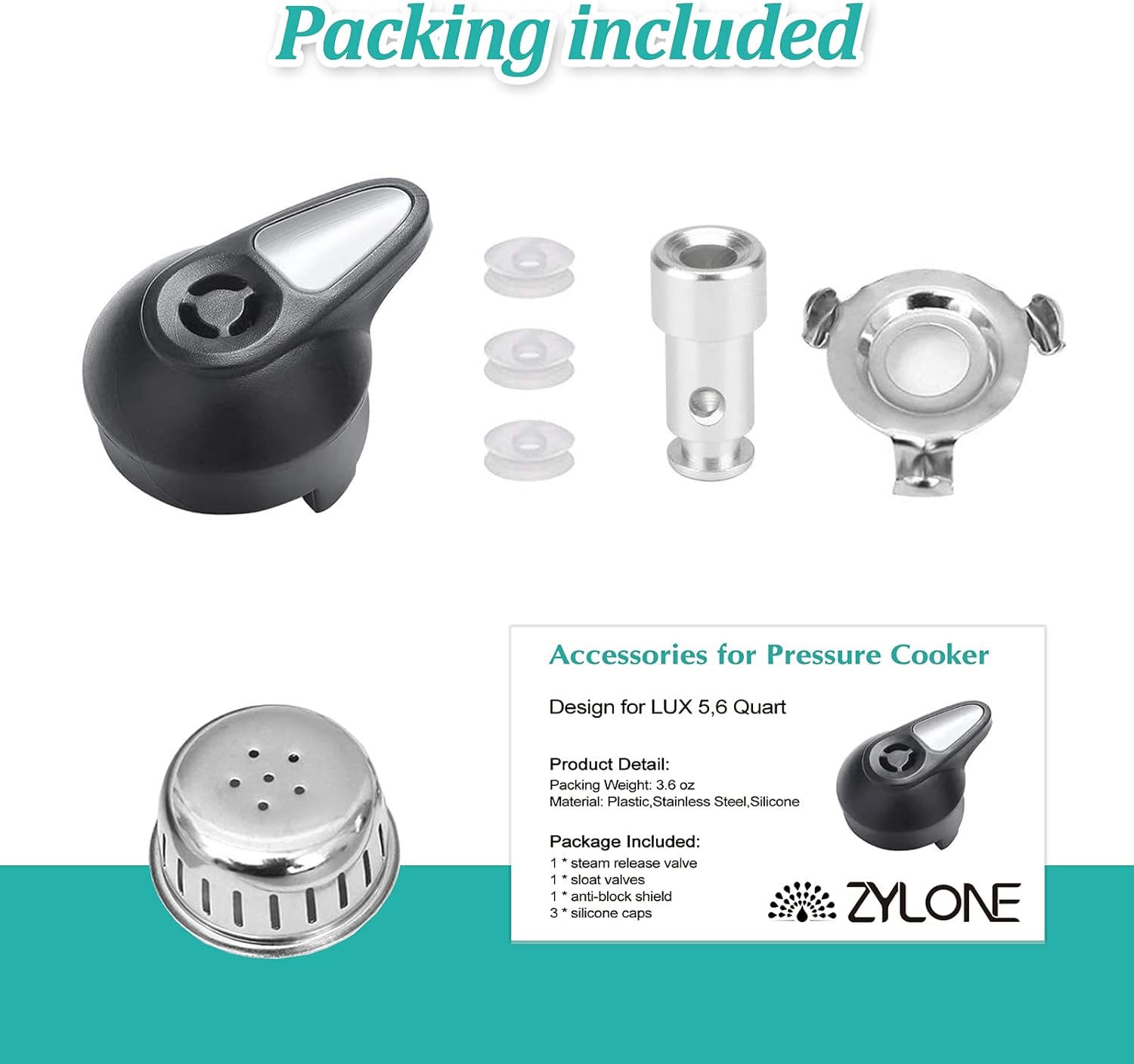 Steam Release Handle, Original Float Valve Replacement Parts with 3 Silicone Caps for Instant Pot LUX 5Qt, 6Qt,IP-LUX30, IP-LUX50, IP-LUX60 Pressure Cooker Steam Vale by ZYLONE