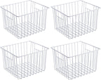 Slideep Freezer Baskets Storage Basket Organizers, Deep Wire Farmhouse Bins Container with Handles for Kitchen, Pantry, Cabinet, Car, Bathroom Pearl White, 4 Pack