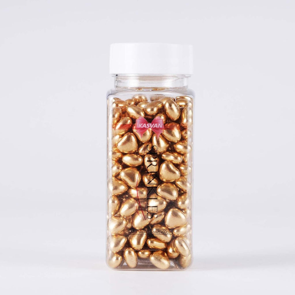Kasvan Gold Heart Shapes Sprinkles - Edible Candy Pearls 100g/3.58 Oz, Mix Size, Baking Cake Decorations, Ice Cream Toppings and Cookie Decorating, Wedding Party Chirstmas Supplies (Gold)