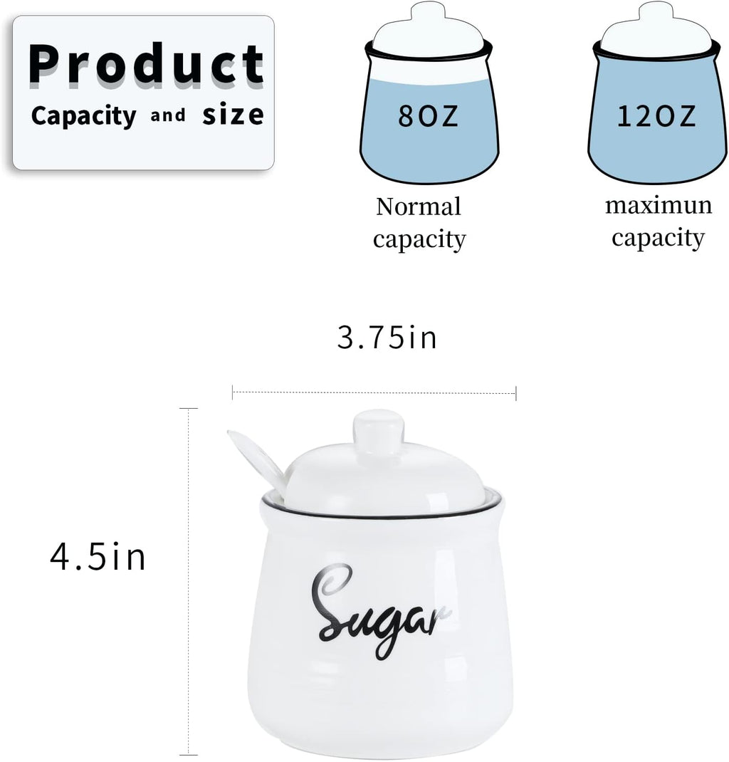 HAOTOP Farmhouse Porcelain Sugar Bowl with Lid and Spoon 12oz,Easy to Clean (White)
