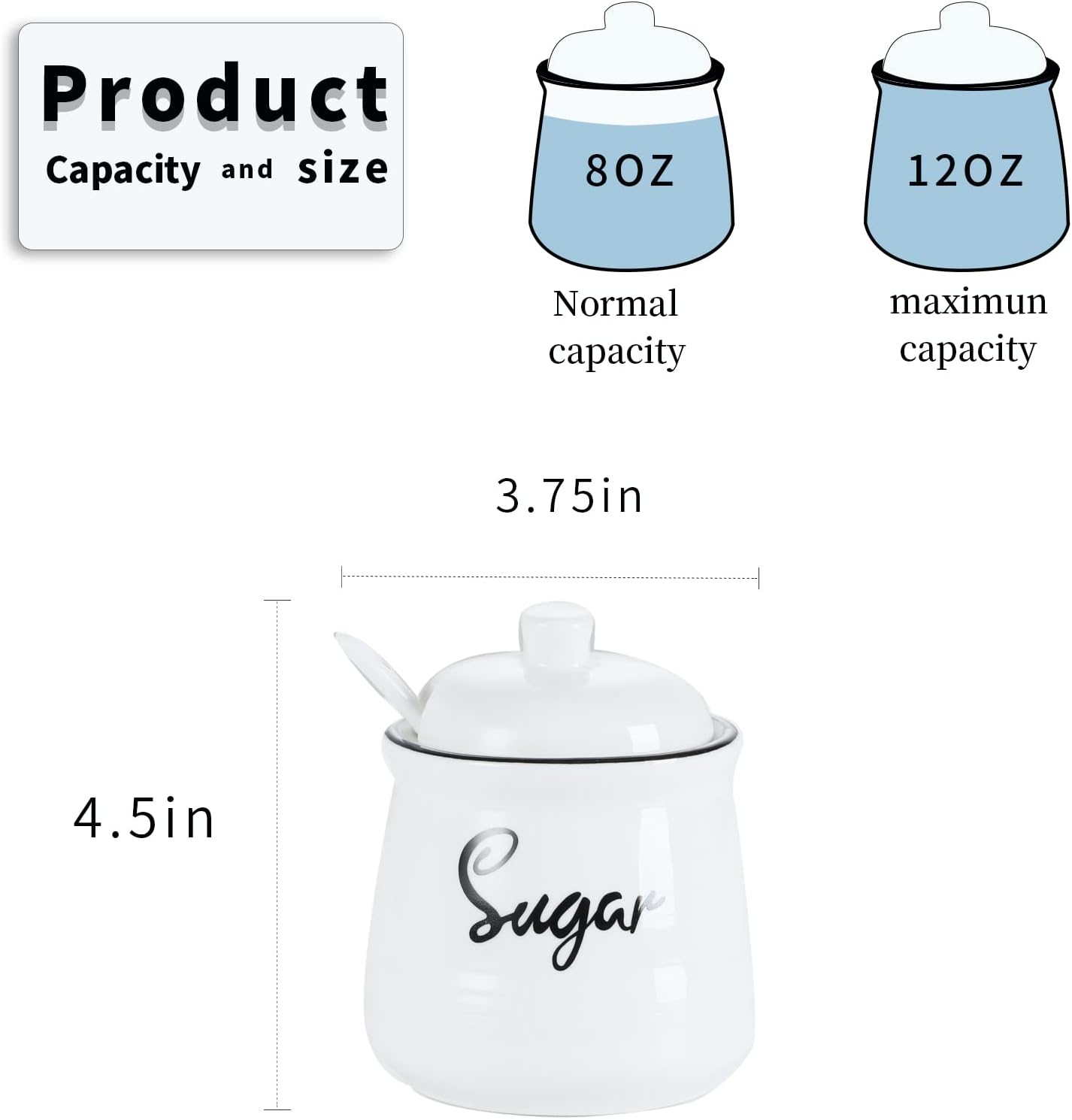 HAOTOP Farmhouse Porcelain Sugar Bowl with Lid and Spoon 12oz,Easy to Clean (White)