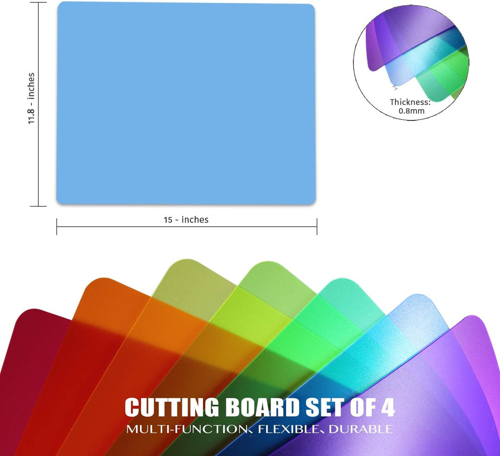 Fotouzy Flexible Plastic Cutting Boards for Kitchen, 4 Translucent Colors Cutting Mats 15 x 12 In, BPA-Free, Non-Porous, Dishwasher Safe, Set of 4