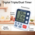 Digital Dual Kitchen Timer, 3 Channels Count Down/Up Triple Timer for Cooking, Magnetic Memory-Preset Large Display Adjustable Alarm Volume, Multi Times Management, 3A Battery Included, White