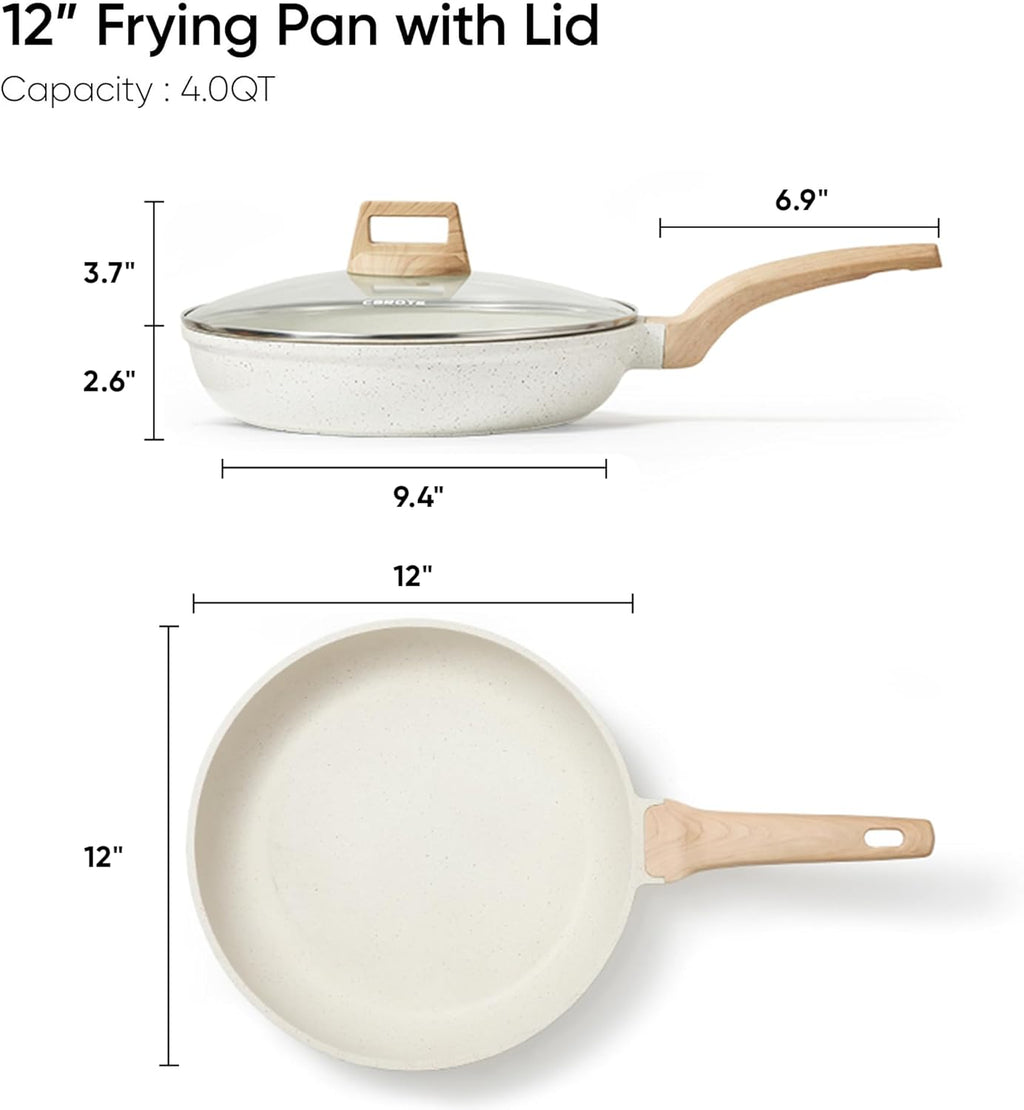 CAROTE 12 Inch Non Stick Frying Pan with Lid,White Granite Nonstick Skillet Omelet Pans, Egg Pan Granite Cookware, PFOS & PFOA Free