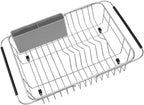 SANNO Expandable Dish Drying Rack,Dish Drainer,Dish Plate Holder Basket in Sink or On Counter with Utensil Silverware Storage Holder, Over The Sink,Rustproof Stainless Steel