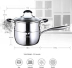 Tri-Ply Whole-Clad Stainless Steel Saucepan with Steamer,2.5 Qt Small Multipurpose Pot with Pour Spout,Strainer Glass Lid, 2 Quart Sauce Pan for Cooking with Stay-cool Handle.