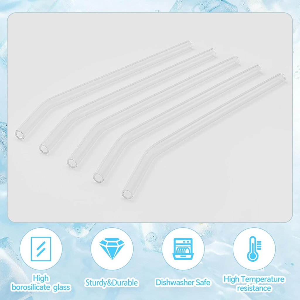 12 Pcs Reusable Glass Straws 8"x 8 mm Bent Glass Drinking Straws with Cleaning Brush for Tea, Smoothies, Milkshakes, Juices,Beverages(Clear)
