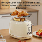 Toaster Retro 2 Slice, Vintage White Toaster with Lid, with Bread Attachment, Preheat, Defrost And Cancel Functions, 6 Browning Levels (Beige)