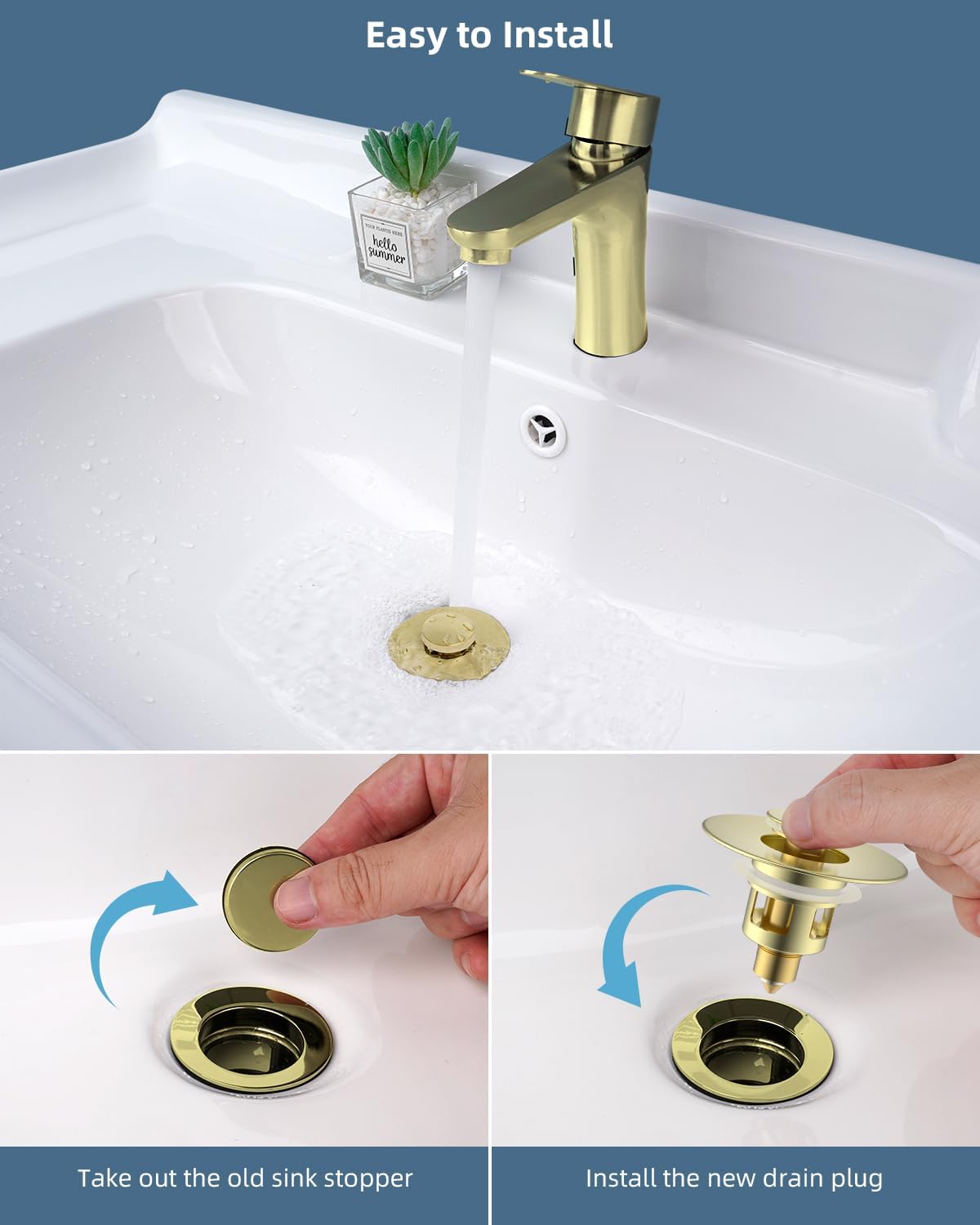 Hibbent All Metal Universal Bathroom Sink Stopper for 1.1''~2.3'' Basin, Pop Up Sink Drain Strainer, Brass Bullet Core Push Type Stopper, Stainless Steel Anti Clogging Drain Filter, Brushed Gold