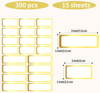Gold Labels Stickers, Removable Blank Labels Gold Border, Self-Adhesive Rectangular Stickers Water/Oil/Tear Resistant for Storage, Classroom, Home (2 Size, 300 Sheet)