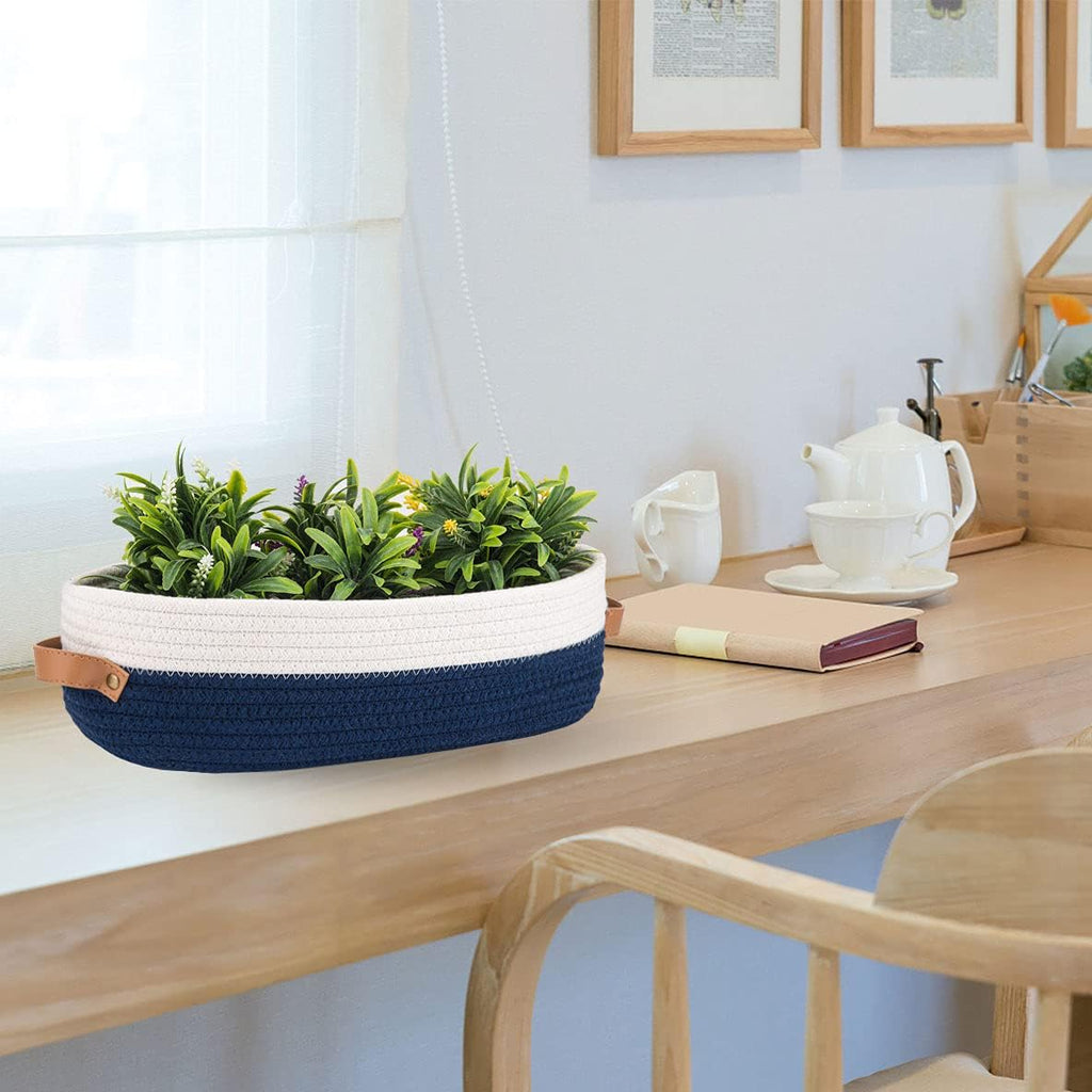 Toilet Basket,Woven Storage Basket for Toilet Tank Top Farmhouse Home Decor Organizing Baskets 13"x5.9"x4" Navy Stitching White