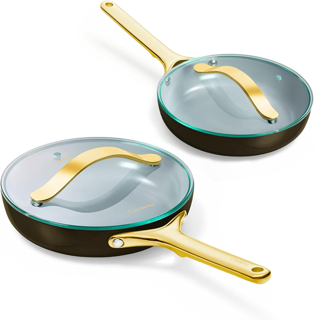 Caraway Ceramic Fry Pan Duo with Glass Lids - Non-Stick Frying Pans (10.5” & 8”) - Non Toxic, PTFE & PFOA Free - Oven Safe & Compatible with All Stovetops – Black