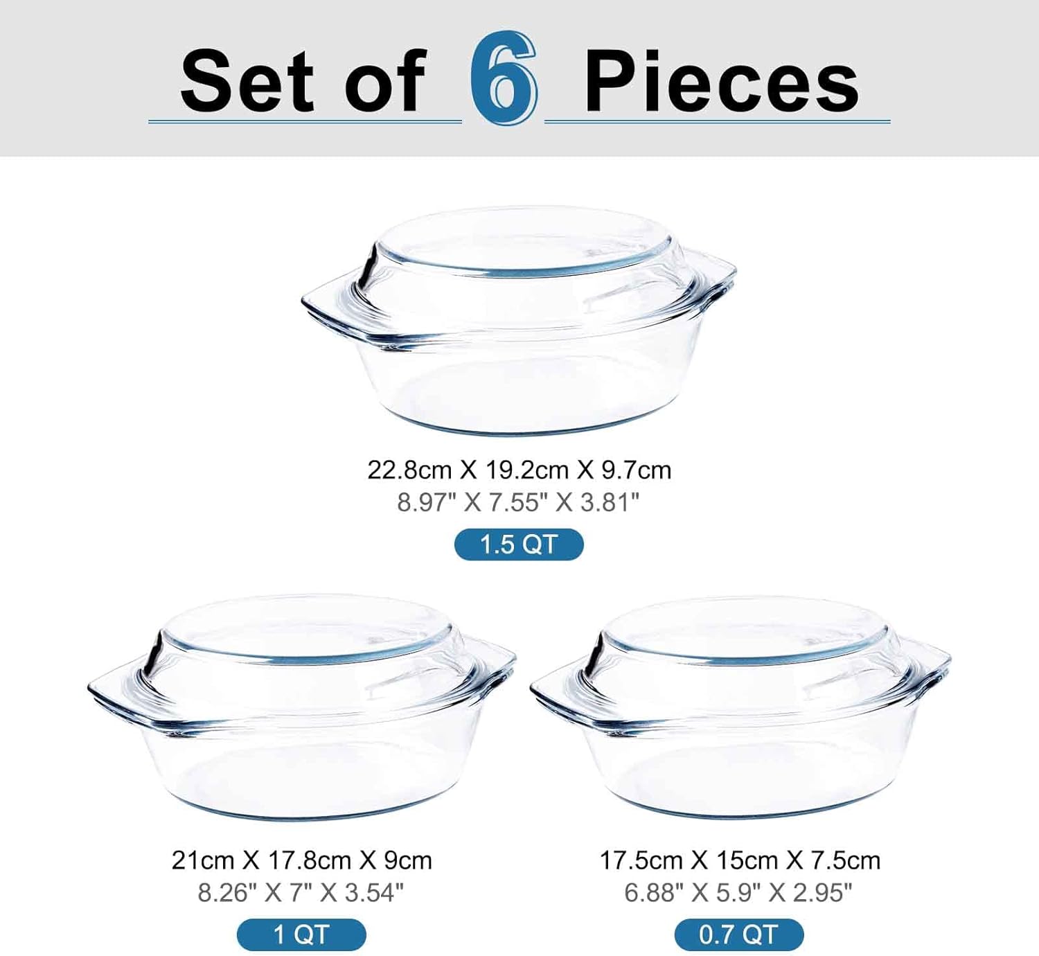 Set of 6 Pieces Round Tempered Glass Casserole Dish with Lids, Glass Casserole Baking Dish Set for Oven, Freezer and Dishwasher Safe - 0.7QT+1QT+1.5QT