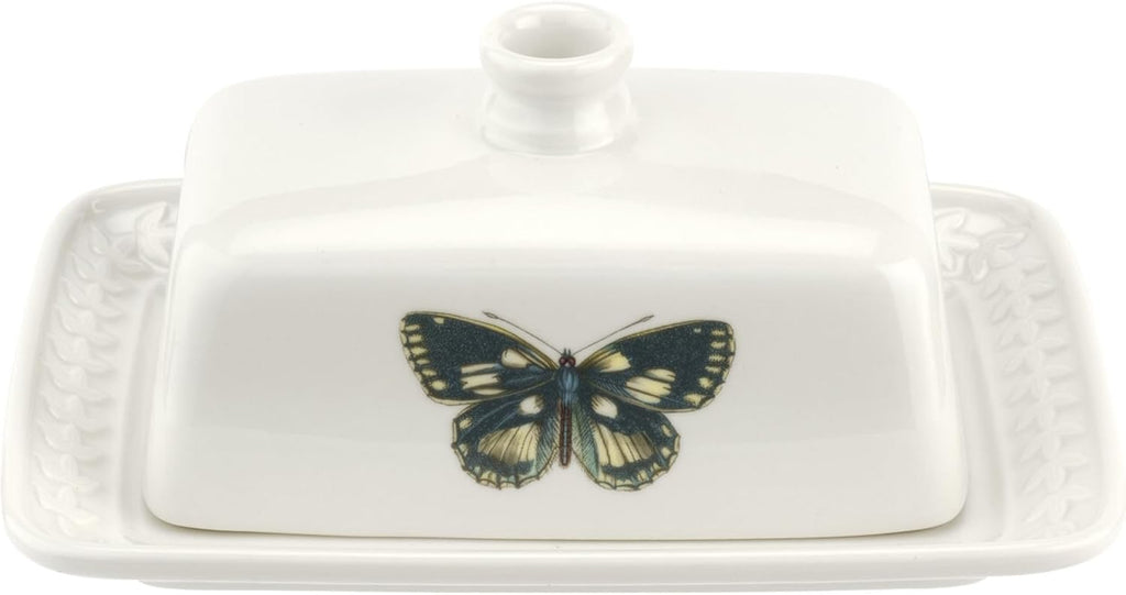 Portmeirion Botanic Garden Harmony Covered Butter Dish, 7.5 Inch - Porcelain Butter Keeper with Butterfly Motif - Dishwasher, Microwave, Freezer, Oven Safe - Vintage Inspired Kitchenware