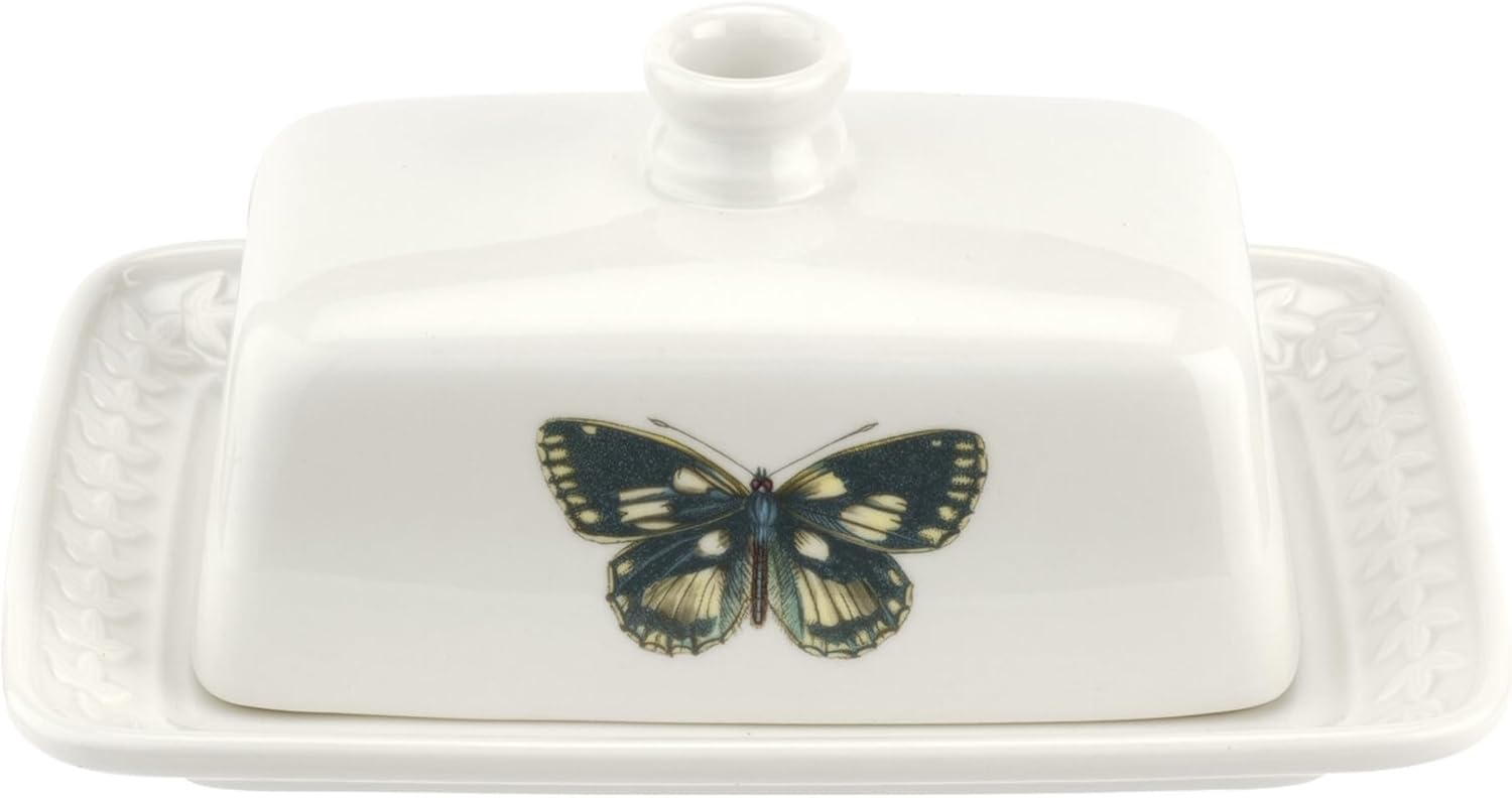 Portmeirion Botanic Garden Harmony Covered Butter Dish, 7.5 Inch - Porcelain Butter Keeper with Butterfly Motif - Dishwasher, Microwave, Freezer, Oven Safe - Vintage Inspired Kitchenware