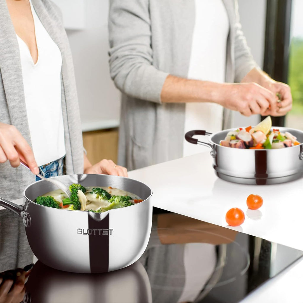 Tri-Ply Whole-Clad Stainless Steel Sauce Pan with Pour Spout,2.5 Quart Small Multipurpose Pasta Pot with Strainer Glass Lid, Saucepan for Cooking with Stay-cool Handle.