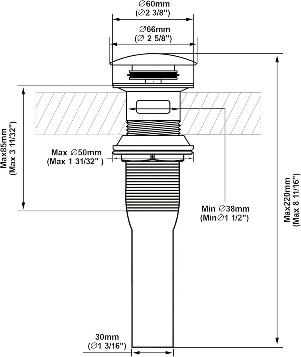 Pop up Sink Drain Stopper for Bathroom Vessel Vanity Sink Art Basin Matte Black ，Big Cap with Overflow, Metal Pop-up Drain Strainer with Detachable Basket Stopper